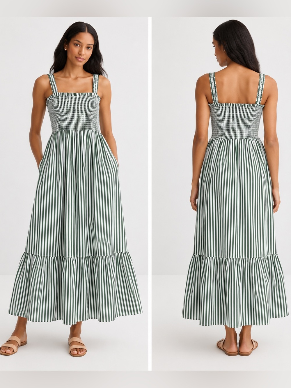 Hill House Home The Anjuli Nap Dress Green Stripe Smocked Maxi Dress M NWT